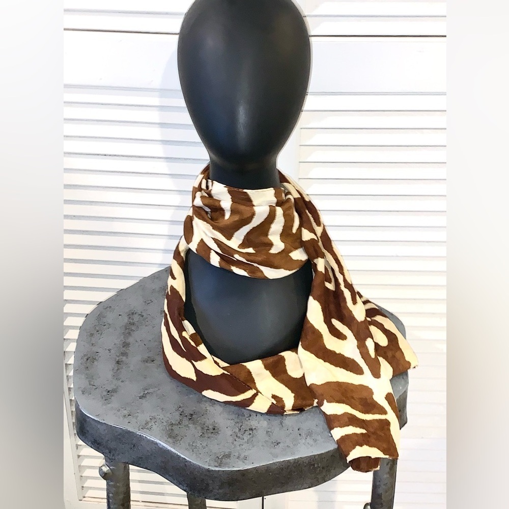 Vintage Brown Zebra print 100% Silk Scarf 14”X 61” Large